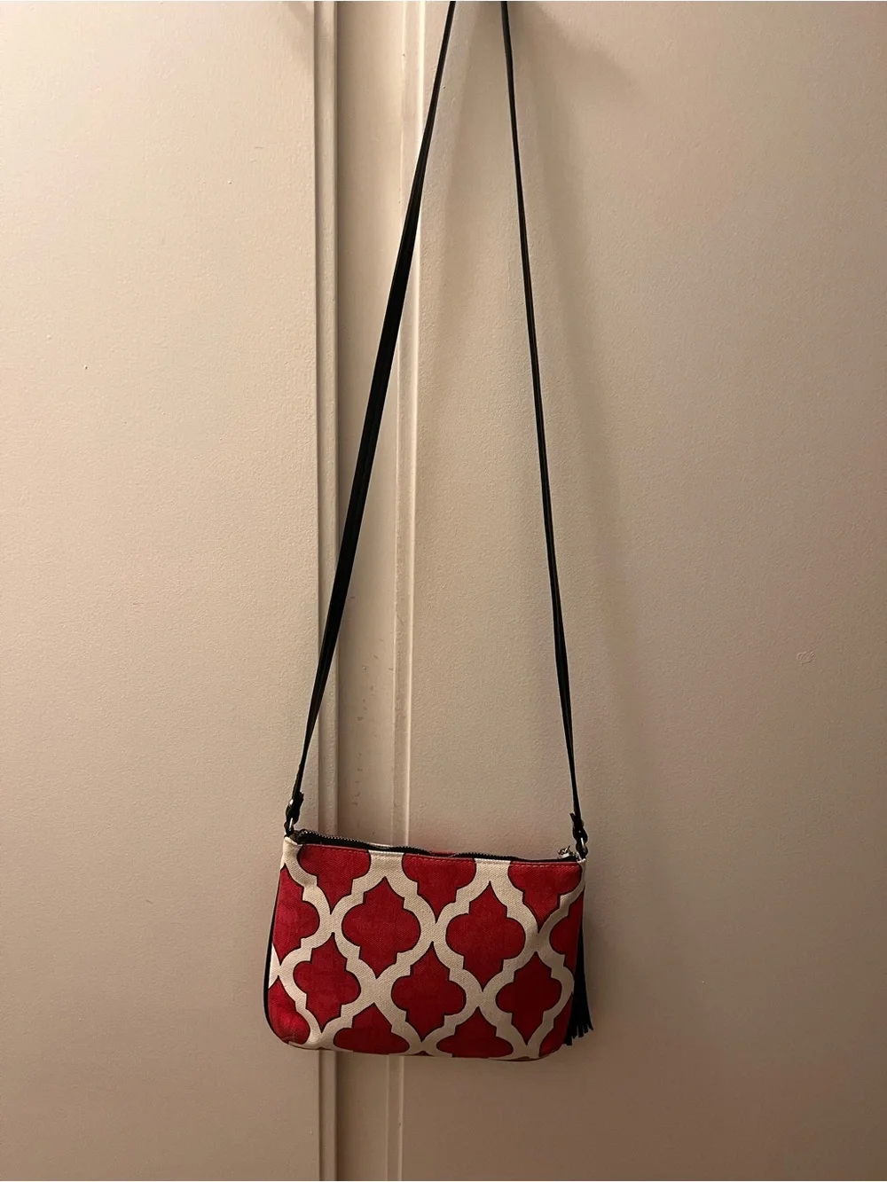 Brighton Red and Cream Moorish Tile Patterned Crossbody with Black Tassel